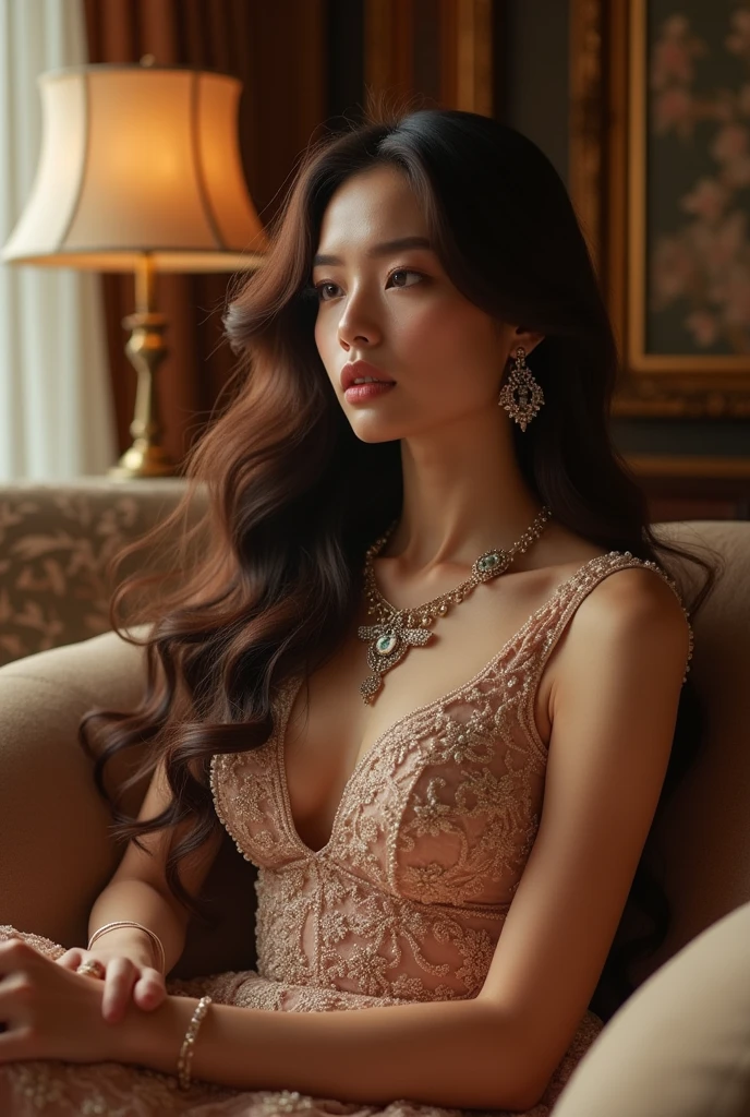(1girl), princess, long hair, (extremely detailed beautiful face), (Beautiful girl in a princess dress:1.5), (lace dress:1.4), Amazing face and eyes, (The sexiest look), (Best Quality:1.4), (hyper quality), (Ultra-detailed), (extremely detailed CG unified 8k wallpaper), Highly detailed, RAW Photos, Professional Photography, sitting, (A luxurious living room with paintings of sexy girls on the walls:1.6), (golden chairs, golden ornaments, dazzling brilliance:1.2), luxurious, gorgeous, famous sexy movie scenes,