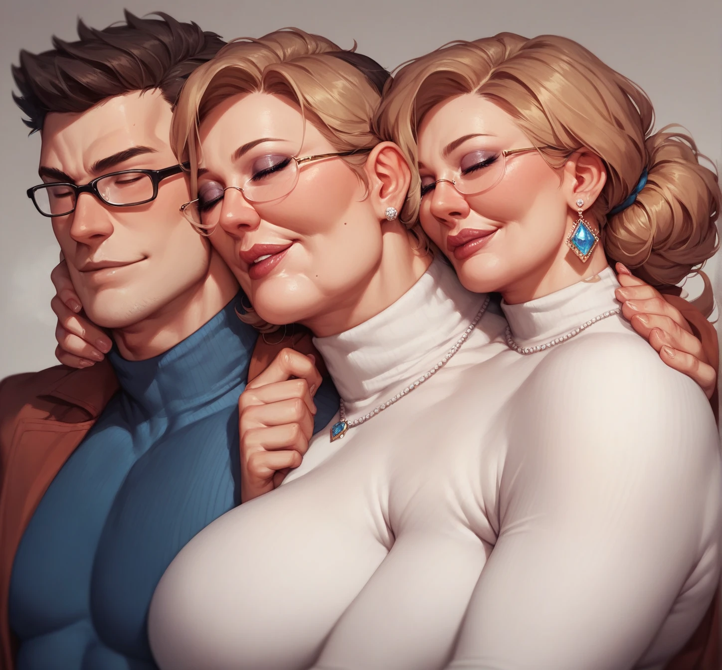 A mom and her young son, European 60 year old milfs with their young son with blonde and brown hair, best quality:1.4), (ultra highres:1.2), (8k, RAW photo:1.2), laurenalexis, 1girl, beautiful girls, the mom is showing off their curves, bending over seductively, wearing sexy outfits, with their young son, clear eyes, a mom and her young son