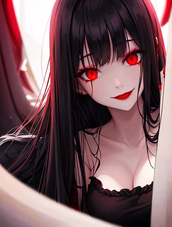 Horror woman, red light eyes, smile, long hair black, dark, she is solo, red lipstick, from alternative world 