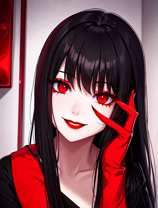 Horror woman, red light eyes, smile, long hair black, dark, she is solo, red lipstick, from alternative world 