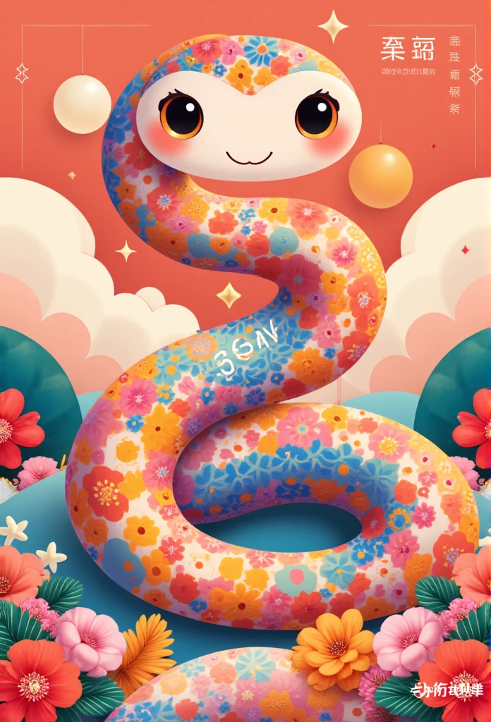 Lisamy, cute snake and Lisamy bends into the numbers "BEP 4.0 TET AT TY 2025,"
Snake poster, This illustration adopts a flat and colorful style with geometric patterns. the lines and shapesare eye-catching,the color matching is full of vitality,the cartoon image incorporates traditional artistic elements,and the expression is liveIy,red,