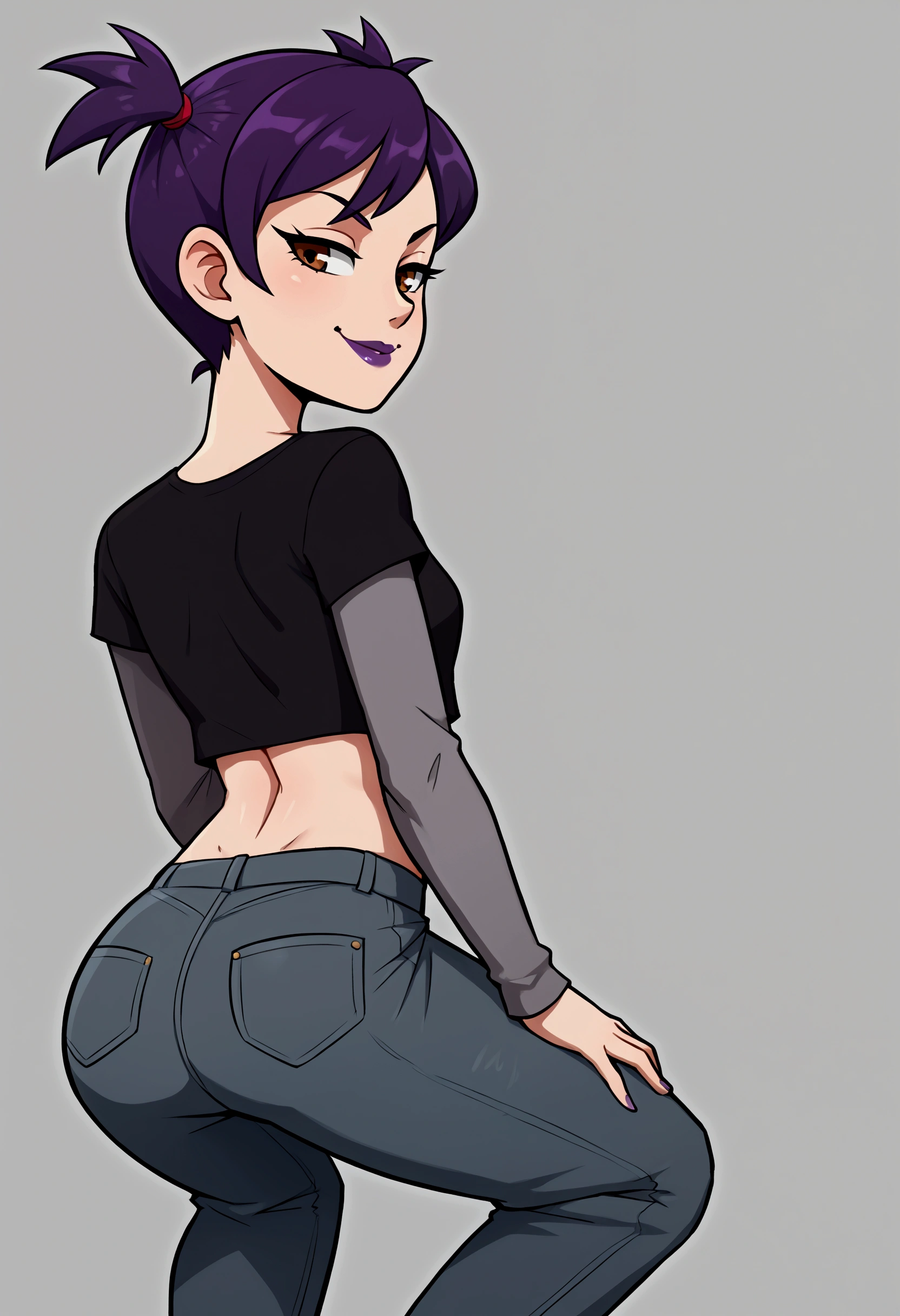 1girl, solo, purple hair, short twintails, gray jeans, taut black t-shirt, long gray sleeves, crop top, midriff, belly, navel, purple lipstick, hands on knees, looking back, smirk, back view