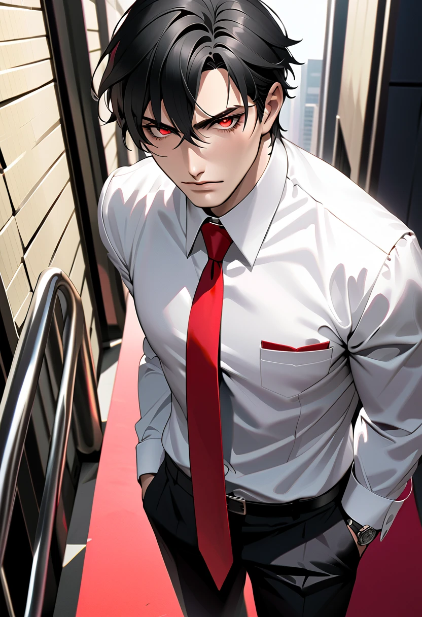  black hair,  sharp eye, Lewd Eyes, male　  red eyes　 short hair　 business suit　Portraiture　whole body　Around town　Regular tie red