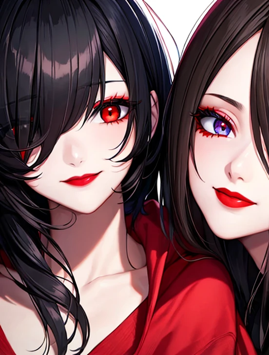 Man and woman horror, red light eyes, smile, hair black, dark, relationship, red lipstick, from alternative world 