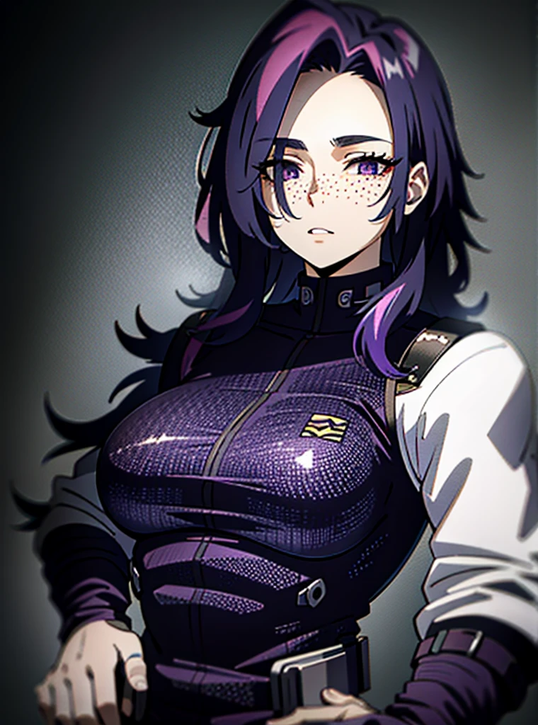 dark purple hair, simple cold weather iconic clothing, jacket, freckles on face, upper body