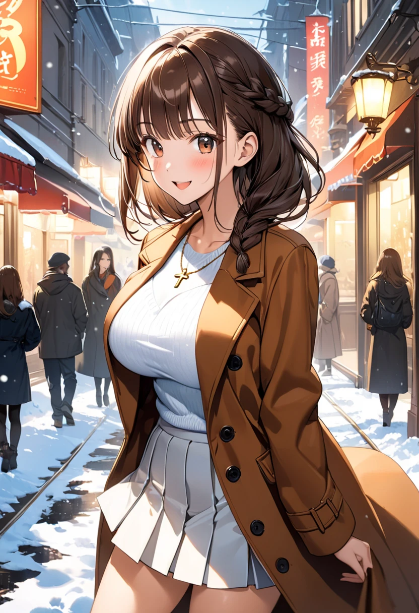 masterpiece, Best Quality, High resolution,16k,official art,super detailed skin,detailed,animated painting, Takarada Rikka ,1990s \(style\),(F cup big beautiful breasts)、clevage,25years old, (tall:1.2),height: 175cm,Sexy long legs,Fashion model body type,Medium Hair,forehead,Brown Hair,french braid,(simple coat,long-sleave knit,mini-skirt:1.3),white mini skirt,cross necklace,(tanned skin:1.3),Muscular、1girl,big laugh,Shy、Shyness,blush,Anime-style painting style,Close-up of the upper body,Cinematic lighting,superfine,magnificent view、in the city,morning,winter,snow,(sexy),closeup