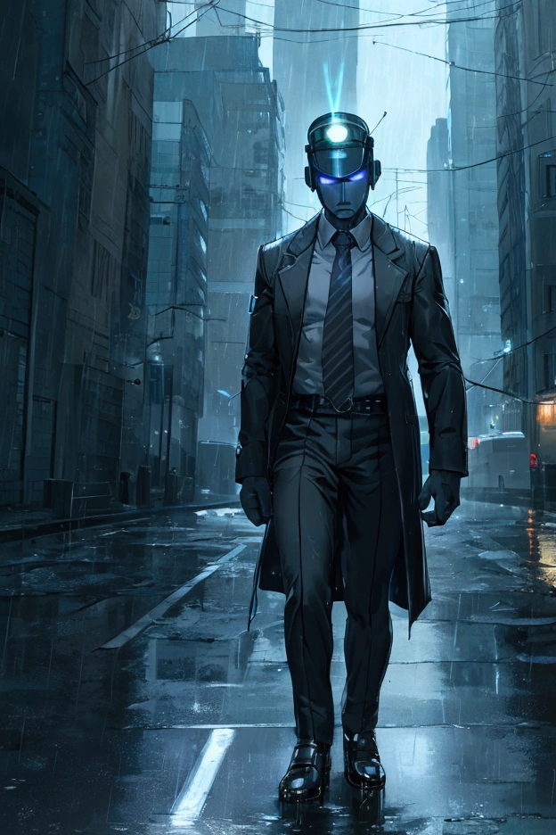 He wears an investigator's outfit, he has an LED on his head that informs him that he is an Android, he is determined, he is in the middle of the rain and in a city in the middle of the night