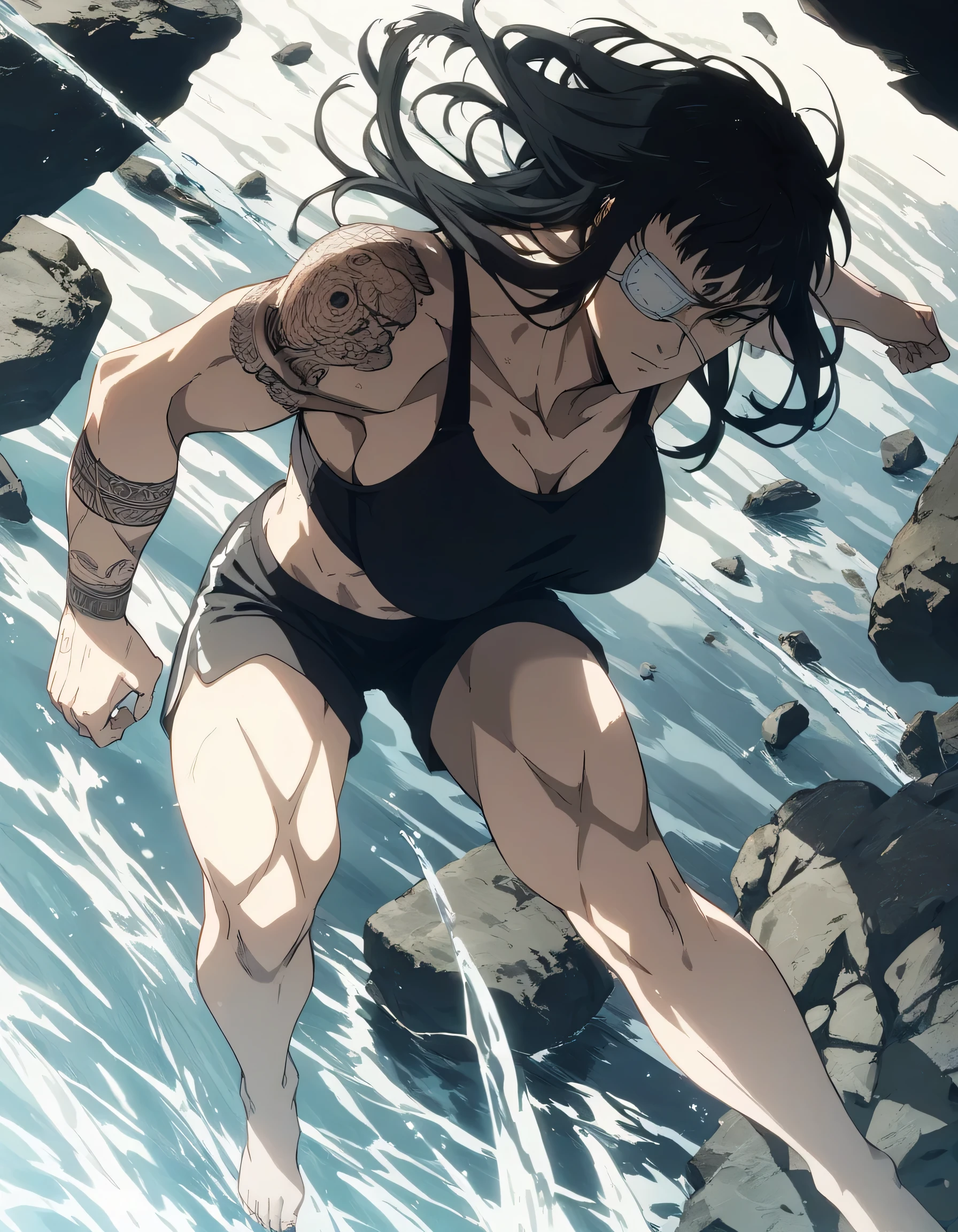 score_9, score_8_up, score_7_up,score_6_up,high resolution,source_anime,s0fiavalm3t,1girl,eyepatch,black hair,long hair,,water,rocks,volumetric lighting,rim lighting,dof,dramatic shadow,full body,dynamic pose,looking at viewer,pov,suspended in air, tattoos on shoulder,wearing sport bra,black sport shorts,Barefoot,training hard,,sporting attraction,fighting bear,gian brown bear,blood 