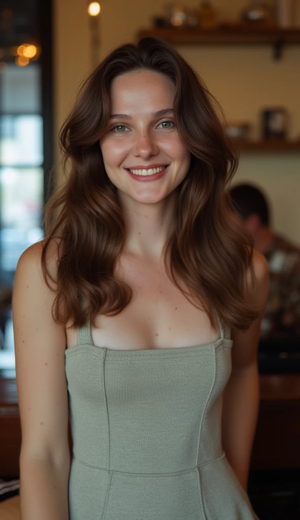 beautiful detailed photograph, brown hair cascading over her shoulders, wearing a boatneck dress, standing in a cafe, looking at the viewer, smile