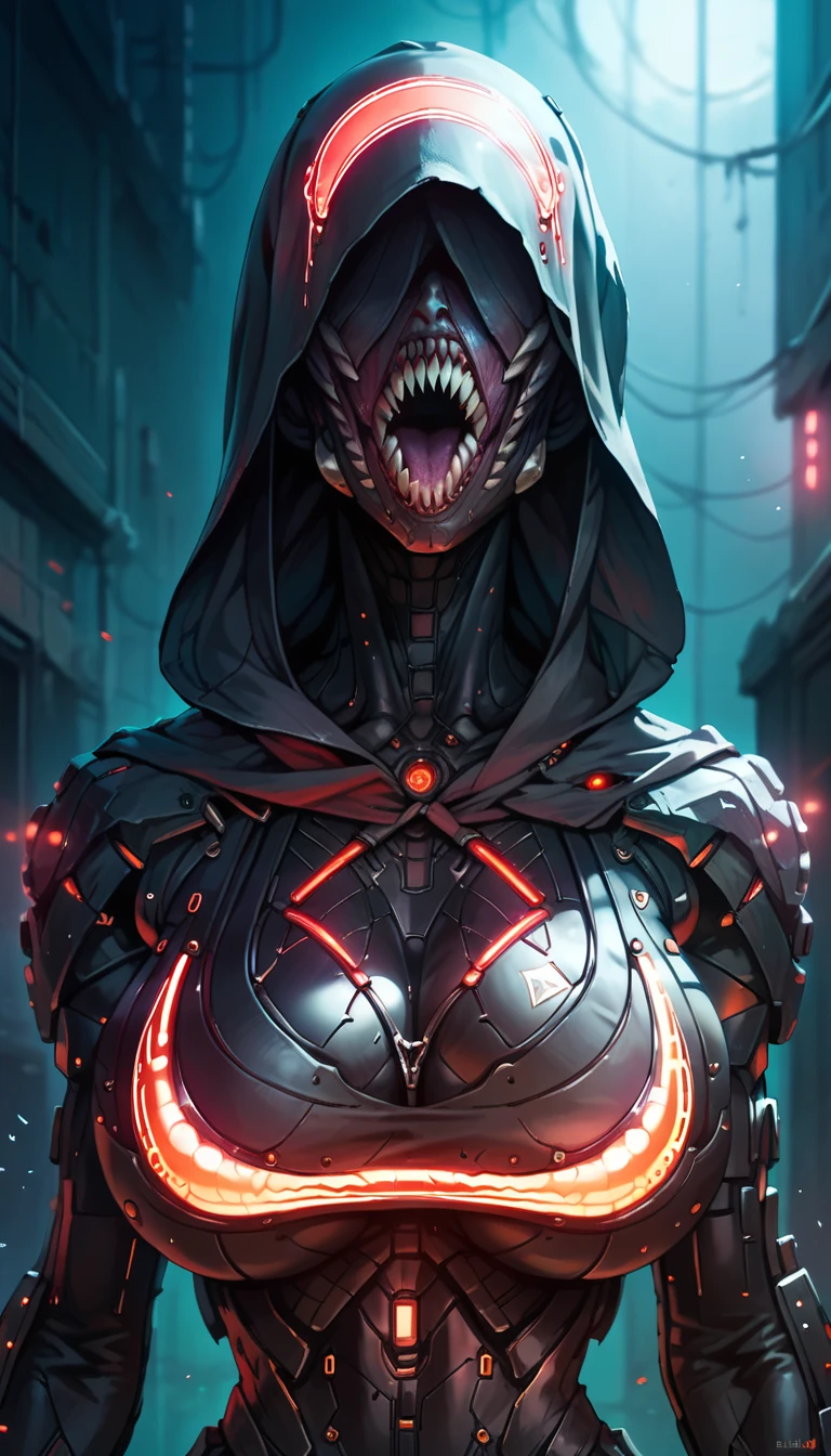 Humanoid,hidden eyes,sharp teeth,black skin body,red neon reflective lines,huge breasts,no eyes,,large mouth,sharp teeth