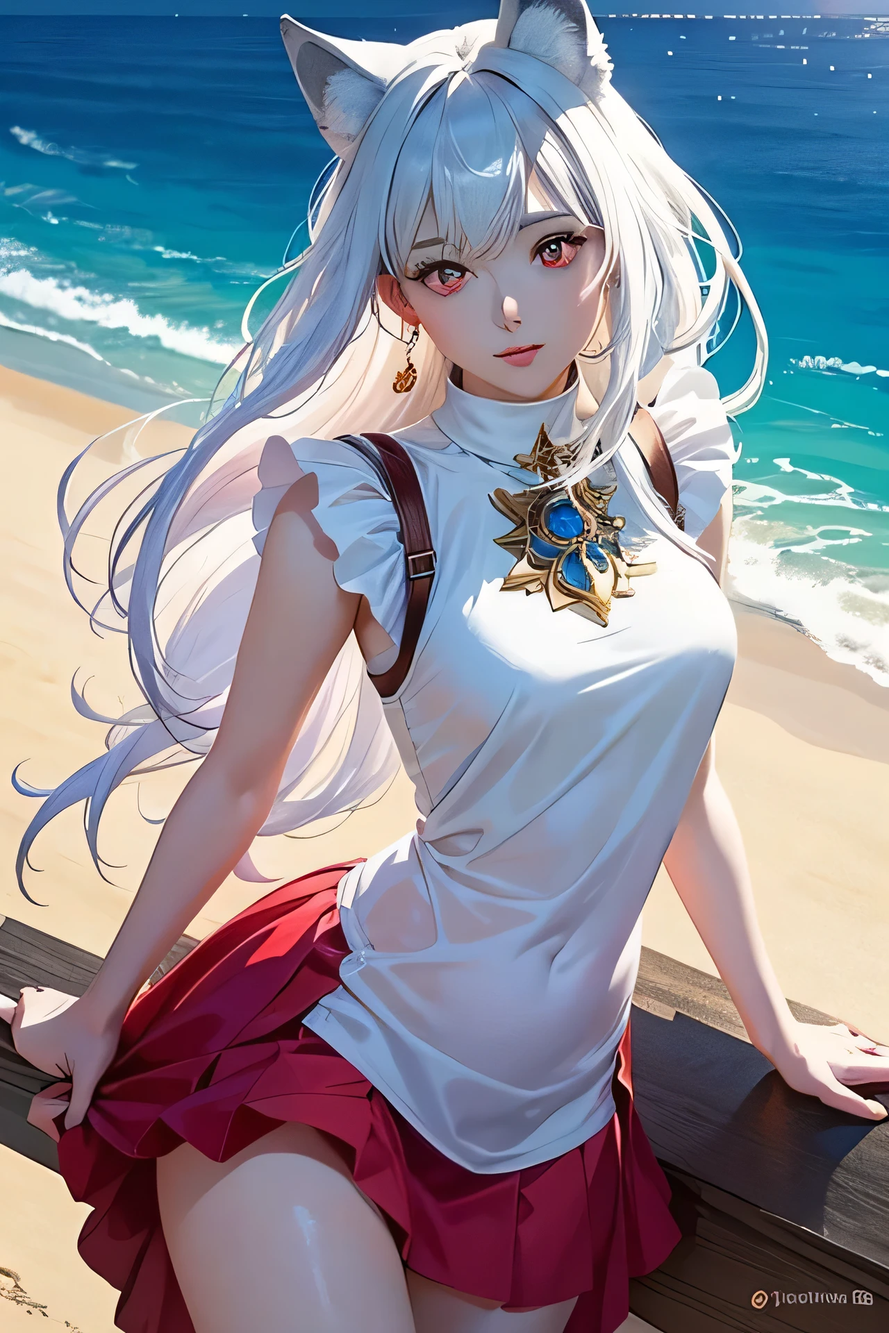 (white long hair: 1.21), standing in water, ripples, white dress, strapless dress, backless dress, babydoll, strap gap, chemise,in deep water, water up to waist, sky background, (looking away:1.4641), (sideways glance:1.21),waves, blue lake, waves, white spray, clear eyes , black eyelashes, collarbone, skirt in water, water droplets on body, wet clothes, transparent clothes, blurred reflections, (looking down at 1.35), shiny hair, (exposed forehead: 1.21), wet hair, (gray Hair: 1.21), (Tiara: 1.1),, (Look away: 1.331), look sideways, (a woman: 1.331), (small breasts: 1.331), (necklace: 1.21), shut up, (princess: 1.331), blue tone, (cool tone: 1.331), skirt from the waist, (white long skirt: 1.31), (sheer skirt: 1.21), (lower belly: 1.21), (belly button: 1.1), clean Skin, (Tulle: 1.331), (White Eyes: 1.1), (Tear Mole: 1.331), (Loose Hair: 1.1),, Morning, (Breezy: 1.1),