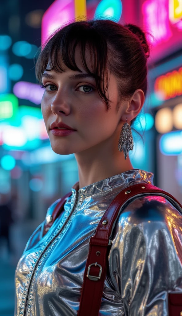 ((top-quality)), ((​masterpiece)), (detaileds:1.4), 3D, Beautiful Cyberpunk Woman Image,HDR(HighDynamicRange),Ray traching,NVIDIA RTX,Hyper-Resolution,Unreal 5,sub-surface Scattering,PBR Texturing,Postprocess,Anisotropy Filtering,depth of fields,Maximum clarity and sharpness,multi-layer texture,Albedo and specular maps,Surface Shading,Accurate simulation of light-material interactions,perfectly proportions,Octane Rendering,Two-tone lighting,Wide aperture,Low ISO,White Balance,thirds rule,8K RAW,Circuit Board AI,Silver Body、Metallic body