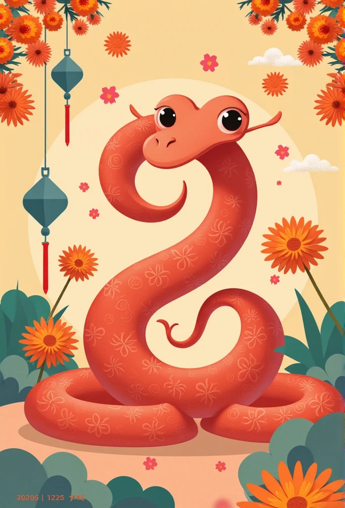 Lisamy, cute snake and Lisamy bends into the numbers "BEP 4.0 TET AT TY 2025,"
Snake poster, Vietnamese Tet, This illustration adopts a flat and colorful style with geometric patterns. the lines and shapesare eye-catching,the color matching is full of vitality,the cartoon image incorporates traditional artistic elements,and the expression is liveIy,red,