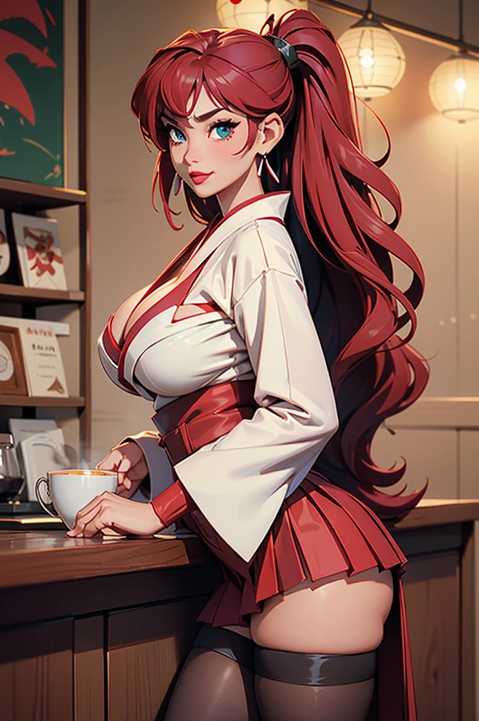 1girl, modern fantasy, volumptuous and sultry japanese woman with tanned skin, 18 years old, huge round fake breasts, cleavage, wavy (crimson hairs) with side bang, very long hair ponytail, (white kimono top), long sleeves, very long (green pleated skirt) with (slit on the side), crimson obi, vibrant blue eyes, mischevious smile, mole under right eye, loop earrings, red lips, full lower lip, (full lower lip),  flirting in a coffee shop, assertive, red fishnet_stockings, garter holding stocking, side_slit, crimson hairs, green skirt, white kimono top.