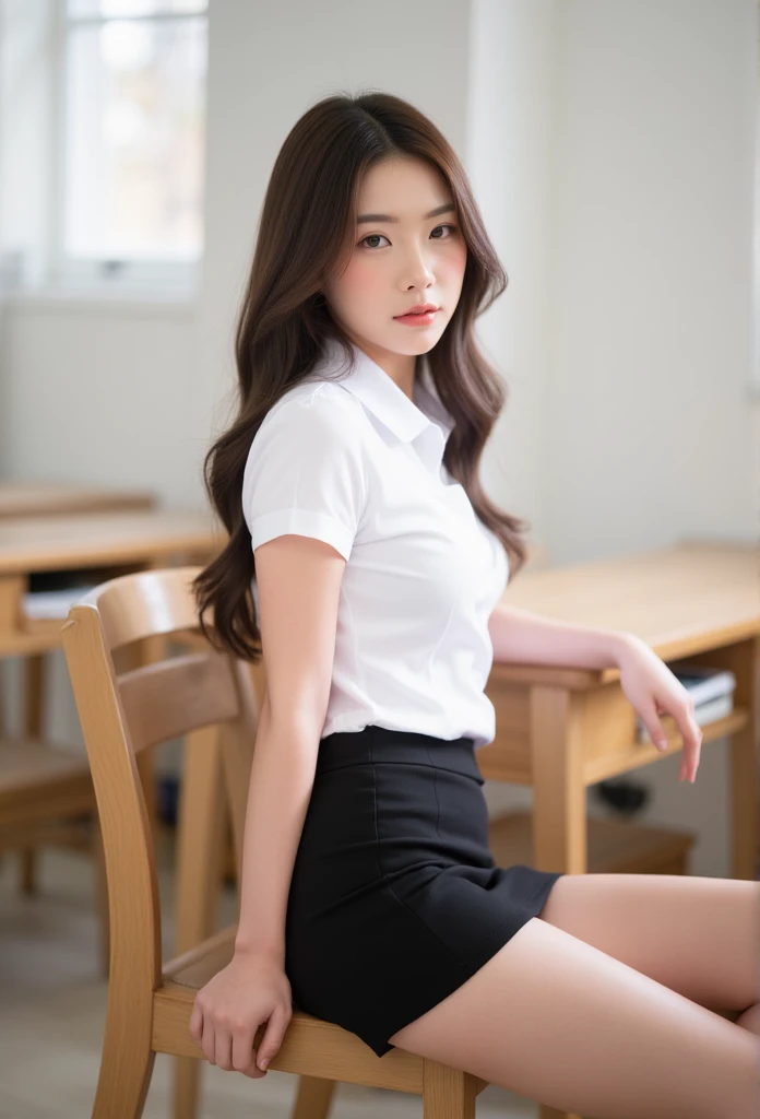 ผู้หญิงไทย ผมดำยาวสลวยwearing white short sleeve collar shirt and black short mini skirt fitted sitting on chair in classroom ,show her legs , side view 