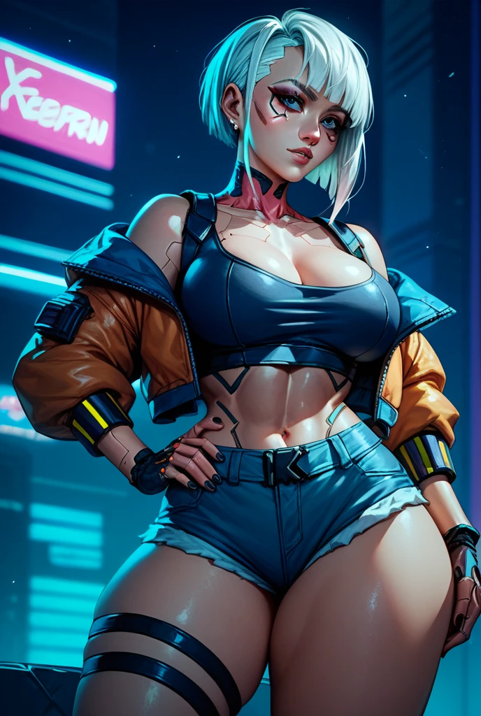 1 ,  short hair, fringe,  white hair, Big breasts ,  big ass,  thick thighs , clothes in cyberpunk style 