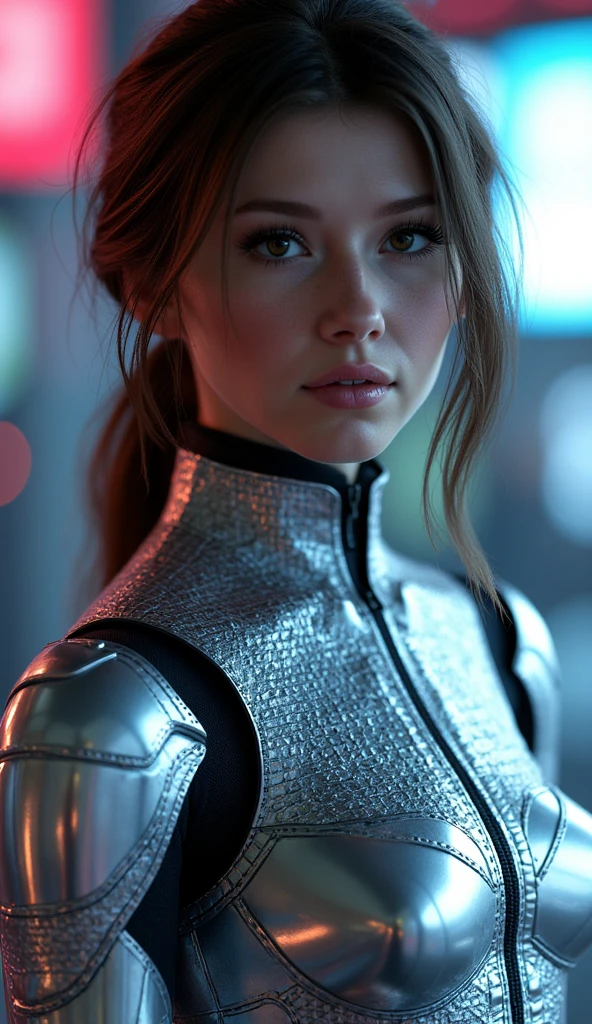 ((top-quality)), ((​masterpiece)), (detaileds:1.4), 3D, Beautiful Cyberpunk Woman Image,HDR(HighDynamicRange),Ray traching,NVIDIA RTX,Hyper-Resolution,Unreal 5,sub-surface Scattering,PBR Texturing,Postprocess,Anisotropy Filtering,depth of fields,Maximum clarity and sharpness,multi-layer texture,Albedo and specular maps,Surface Shading,Accurate simulation of light-material interactions,perfectly proportions,Octane Rendering,Two-tone lighting,Wide aperture,Low ISO,White Balance,thirds rule,8K RAW,Circuit Board AI,Silver Body、Metallic body