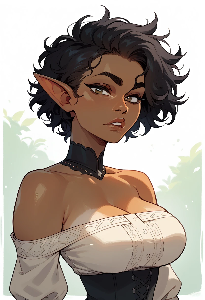 1female elf, looking at viewer, black hair, big eyebrows, messy hair, (tanned skin), (horny expression), small upper body in relation to big head, small waist, big breasts, fantasy clothing 
BREAK
score_9, score_8_up, score_7_up, score_6_up, score_5_up, score_4_up
