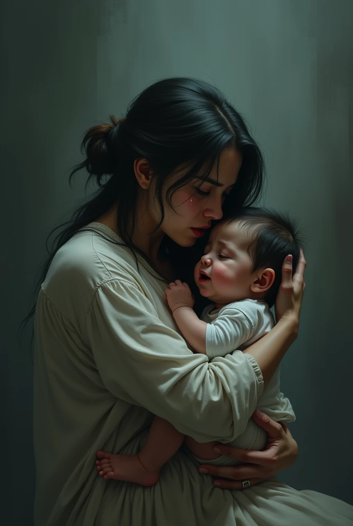 "A beautiful young women crying adoring her new born baby( (in a palace)) wearing white traditional dress flower crown on head ((long hair)) ((closed eyes))(( crying and touching baby's face with her face)))), ((little smiley face)) trees are there, heart touching picture, emotional, hyperreal, 8k resolution, color depth, detailed"((slim, petite)), photorealistic, photo, masterpiece, realistic, realism, photorealism, high contrast, photorealistic digital art trending on Artstation 8k HD high definition detailed realistic, detailed, skin texture, hyper detailed, realistic skin texture, armature, best quality, ultra high res, (photorealistic:1.4),, high resolution, detailed, raw photo, sharp re, by lee jeffries nikon d850 film stock photograph 4 kodak portra 400 camera f1.6 lens rich colors hyper realistic lifelike texture dramatic lighting unrealengine trending on artstation cinestill 800,