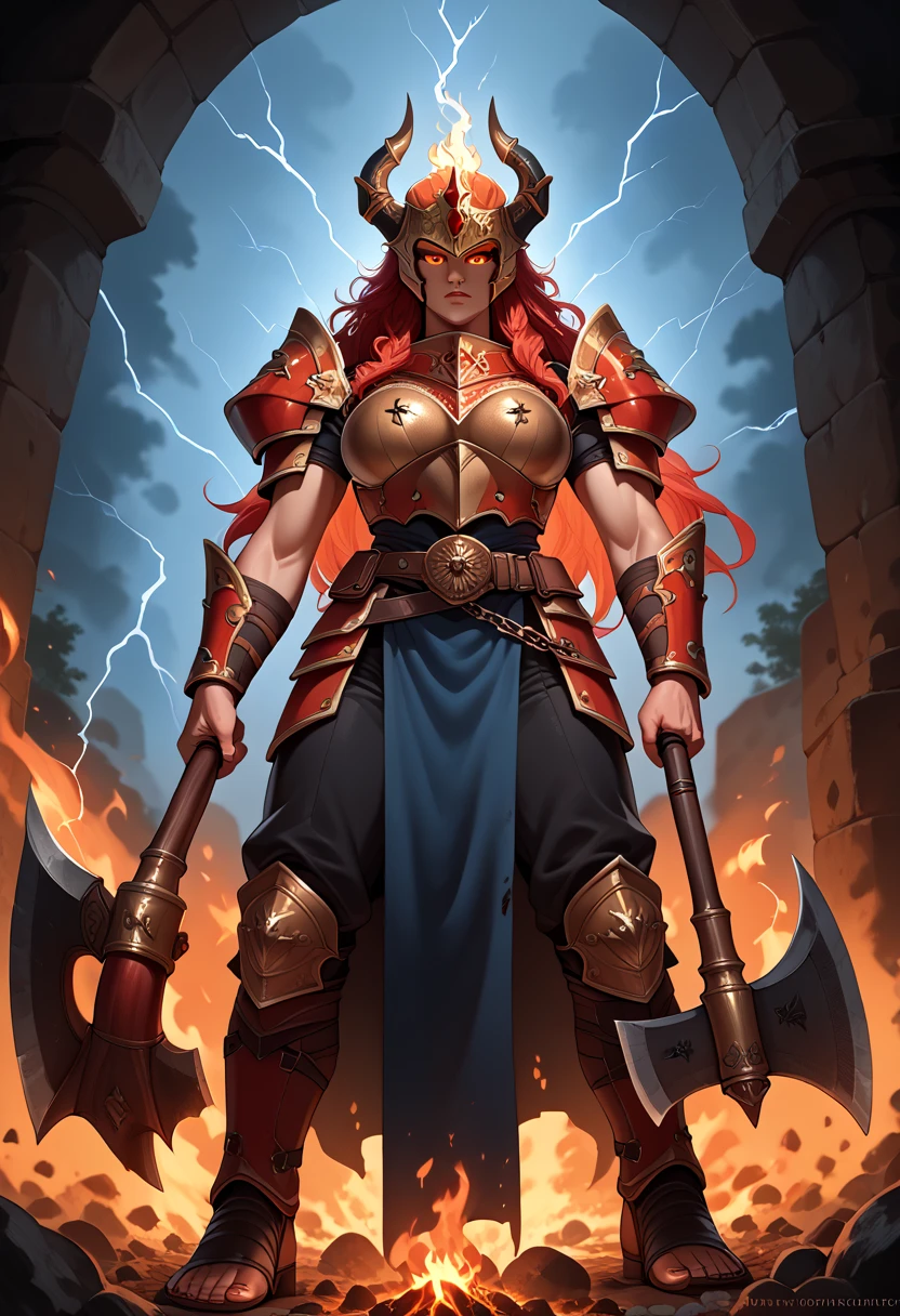 ((best quality)) , ((masterpiece)) , (detailed)，axe, 1girl, female focus, horns, glowing eyes, holding, beard, glowing, solo, weapon, holding axe, facial hair, muscular, fire, holding weapon, chain, looking at viewer, long hair, lightning, muscular female, red hair, horned helmet, armor, helmet, belt, fake horns, molten rock, feet out of frame, standing, battle axe, electricity
