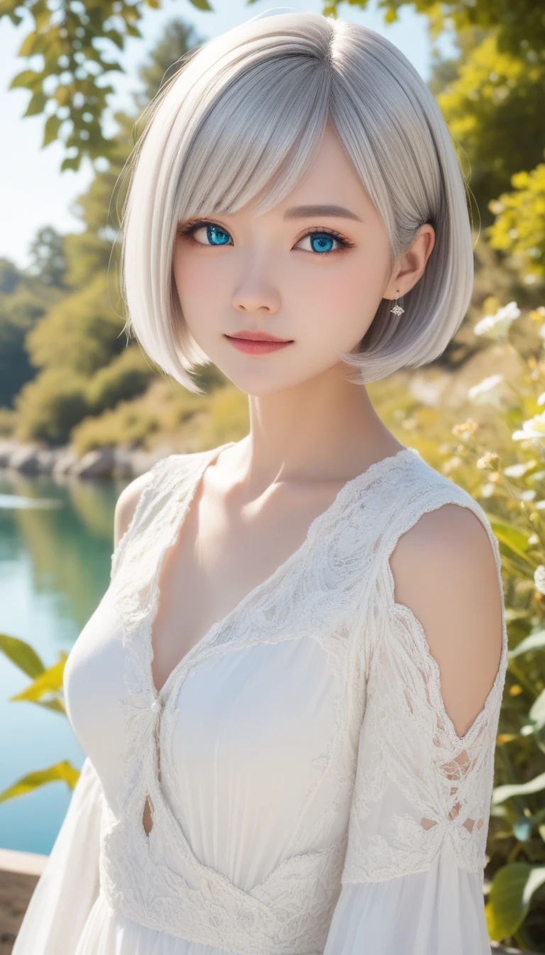 masterpiece,  top quality,  high definition , portrait, ((( detailed description 、8k resolution))), (((  beautiful faces drawn in detail ))),Full body angle,Grinning expression、Alone,  bright light blue eyes , ((  beautiful silky silver hair 、 short bob、 shortcuts))、(((Beautiful Ao Dai:1.3、Ao Dai,Beautiful White Ao Dai)))、Outdoors、Lake Lotus