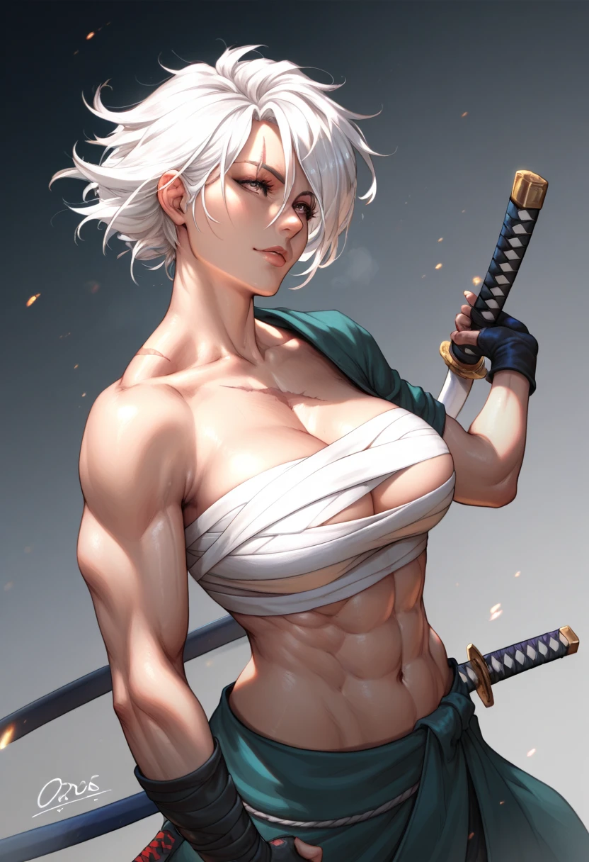 bandage on your chest , warrior, katana, toned body, scar,  white hair, Ojos rojos, woman mature