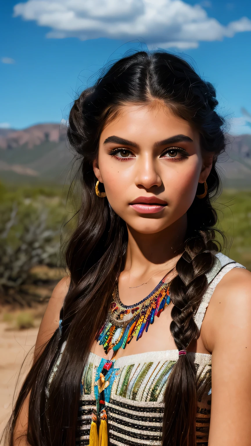 score_9, score_8_~ over, score_7_~ over, score_6_~ over, classification_clear, 1 girl, ((25 years:1.2)),(best quality,high resolution,Ultra - Detailed,In fact),Native American, (wild indian native american:1.4), adult, full lips, big bright eyes, (Native Indian Long Braid:1.4) ,(native indian feathers :1.4), (facial details: 1.5, bright brown eyes, beautiful face, pretty eyes, iris coating, Small lips: 1.5, slim body, pale and sharp eyebrows, long, dark eyelashes, double tap),(Perfect hand detail : 1.4 ), closeup upper body, hands behind, mandy moore, traditional indian clothing.