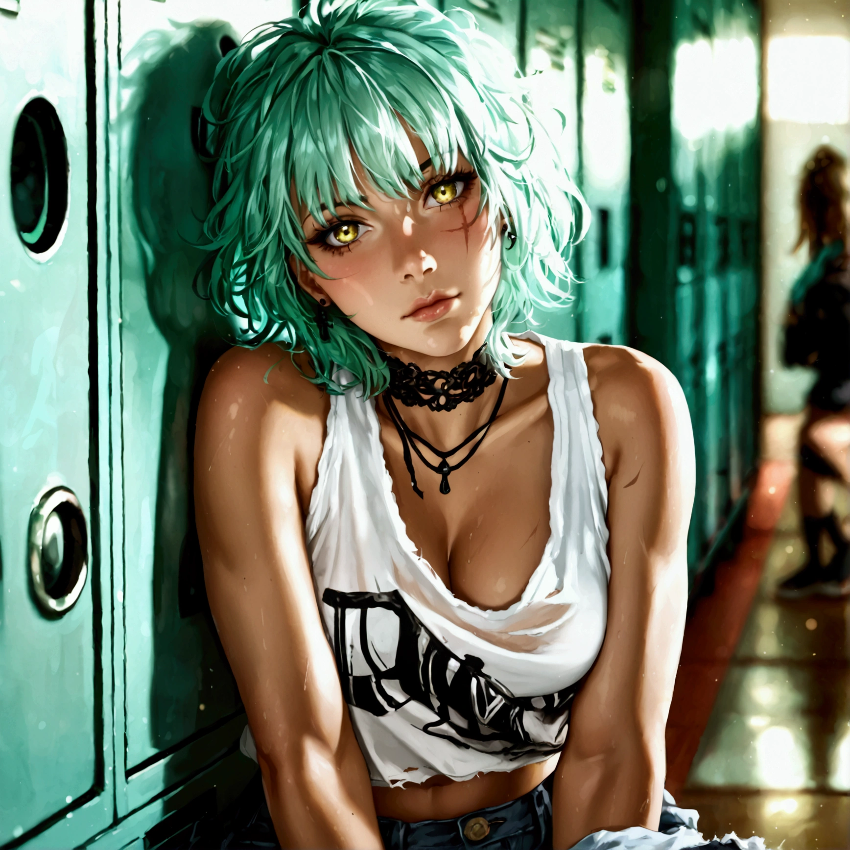 1woman, 5' 6", toned curvy physique, short mint-green ruffled hair, long messy fringe that falls on either side of her eyes and down between them, sharp yellow eyes, detailed eyes, light skin, scarred left eyebrow, wearing black choker, loose white t-shirt with a skater graphic on the front with the hem going below the waist, t-shirt hanging off one shoulder with a bra strap visible, black stud earrings, gray ripped jeans, black sneakers, green hoodie that has been tied around her waist, pretty face, perfect face, symmetrical, perfect hands, no more than one person, leaning against locker in school hallway, shy-looking