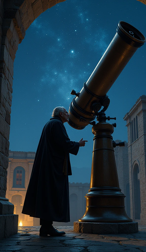 A detailed portrait of Nicolaus Copernicus, wearing 16th-century attire. He has a calm and focused expression, symbolizing his role as a pioneer in astronomy. The background is dark with subtle starry skies, hinting at his astronomical studies.