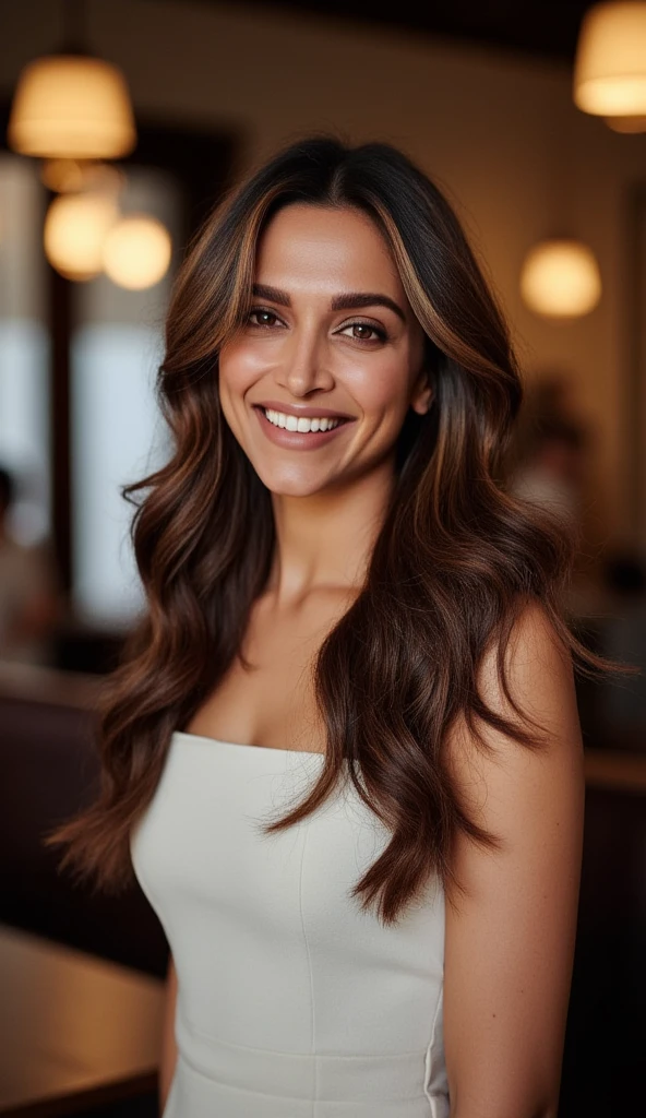 beautiful detailed photograph, brown hair cascading over her shoulders, wearing a boat neck dress, standing in cafe looking at the viewer, smile