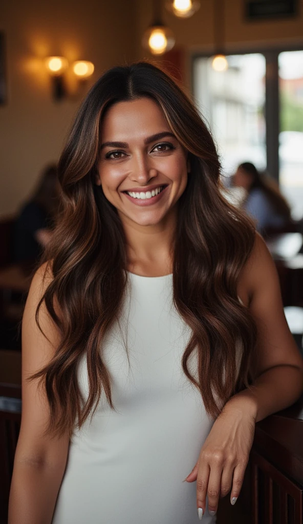 beautiful detailed photograph, brown hair cascading over her shoulders, wearing a boat neck dress, standing in cafe looking at the viewer, smile