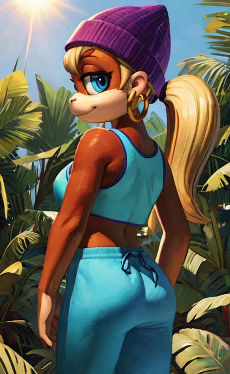 [Tiny Kong], [Uploaded to e621.net; (Pixelsketcher), (wamudraws)}, ((masterpiece)), ((HD)), ((high res)), ((solo portrait)), ((waist-up)), ((back view)), ((furry; anthro)), ((detailed fur)), ((detailed shading)), ((beautiful render art)), ((intricate details)), {anthro monkey; brown fur, (two nostrils), (cute blue eyes), (half-closed eyes), (short eyelashes), blonde hair, twintails, (pink nails), (curvy hips), (beautiful legs), (cute smirk)}, {(blue sports bra), (midriff), (blue sweatpants), (purple beanie), (green stripes on beanie), (gold hoop earrings)}, {(standing), (looking at viewer)}, [background; (tropical forest), (beaten path), (blue sky), (sun rays), (ambient lighting)]