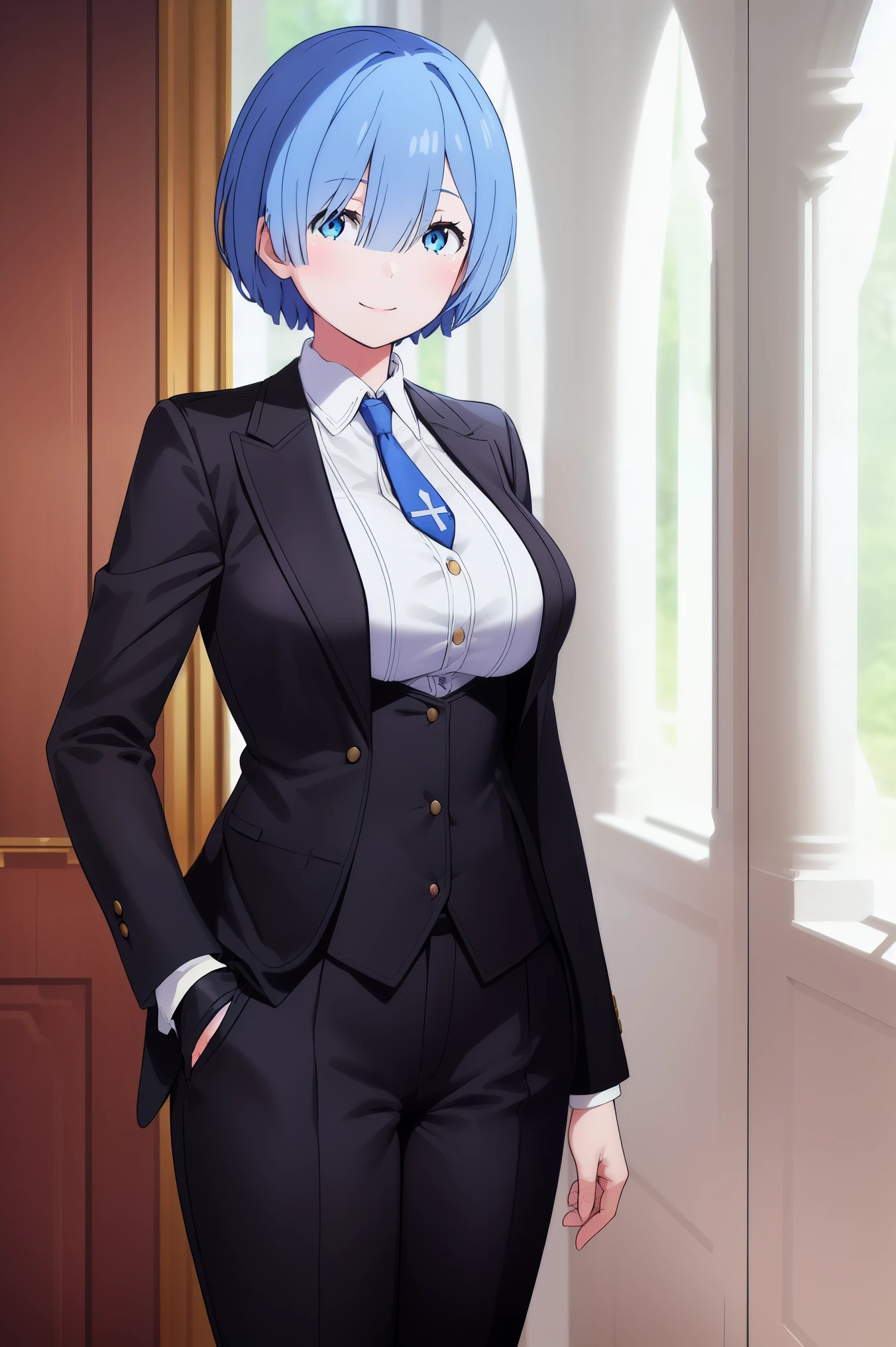 best quality, masterpiece, phRem, 1girl, solo, woman in formal attractive suit tuxedo standing in a large alcove in the room, 1girl, solo, necktie, blue short hair, blue eyes, short hair, smile, jacket, looking at viewer, shirt, pants, blue necktie, collared shirt, butler tailored tailcoat 