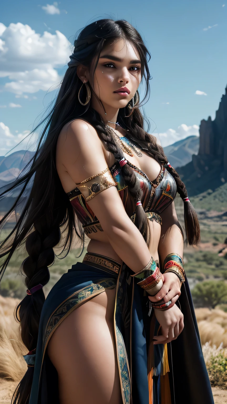 Portrait photo of Marie Avgeropoulas as Pocahontas, Young beautiful Native American woman, Perfect symmetry face, Indigenous Feather Jewelry, Traditional handmade dresses, Armed Female Hunter Warrior, (((Wild west))) environment, Utah Landscape, A hyper-realistic, Concept art, Elegant, ((Convoluted)), ((Highly detailed)), depth of fields, ((professionally color graded)), soft ambient lighting, Dusk, 8K, art by artgerm and greg rutkowski and alphonse mucha