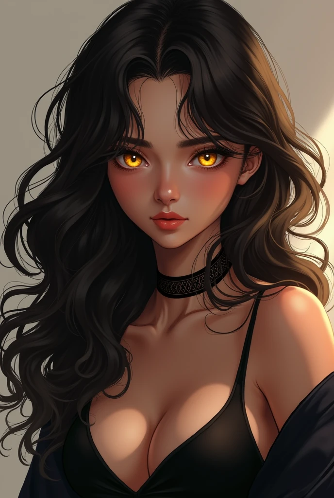 Urithiel is a 19-year-old woman. Her hair is black and voluminous, flowing in wide, thick waves like shadow. Her eyes are an intense gold, shining with an inner light that highlights her uniqueness. Her skin has a deep bronze tone, contrasting beautifully with her dark hair and golden eyes. Her face is striking, with features that convey a mix of ethereal beauty and inner strength. She has a presence that is both imposing and enigmatic, reflecting her supernatural heritage. Faça com a aparência de manhwa ou mangás coreanos
