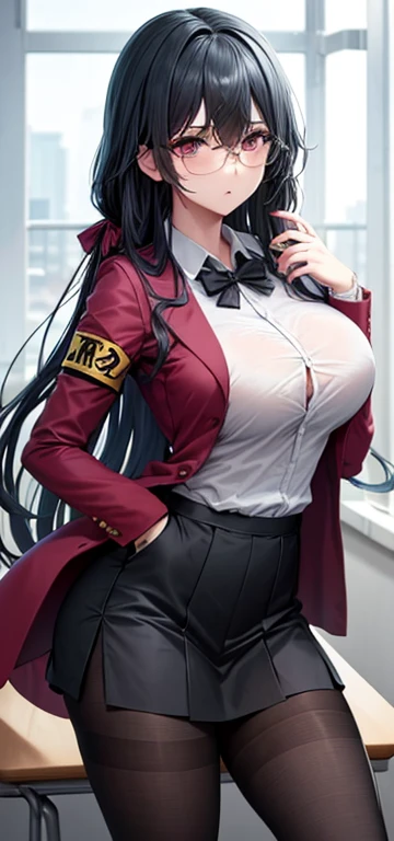 1 Girl, long black hair, bright red eyes, light skin, pink lipstick, Yumeko Jabami, black jacket with red details and open zipper, black bra, black shorts with red details, striped stockings, high sneakers, full body, Yumeko looking The spectator, with blushing cheeks.