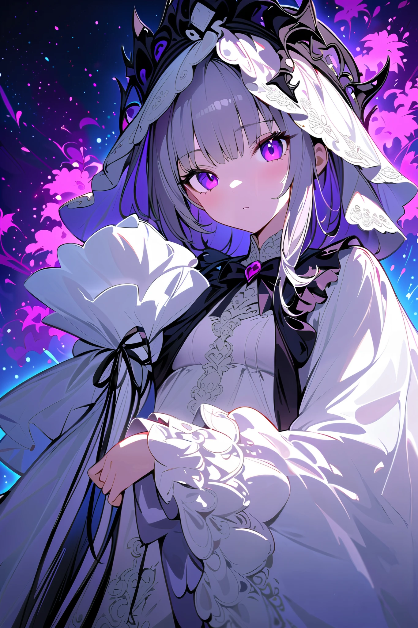 ghost, (menina monstro), pele roxa, Picos, cabelo roxo espetado, um sorriso escancarado, Floating hands, vestido com um vestido roxo-escuro, flutuando no ar, master part, best quality