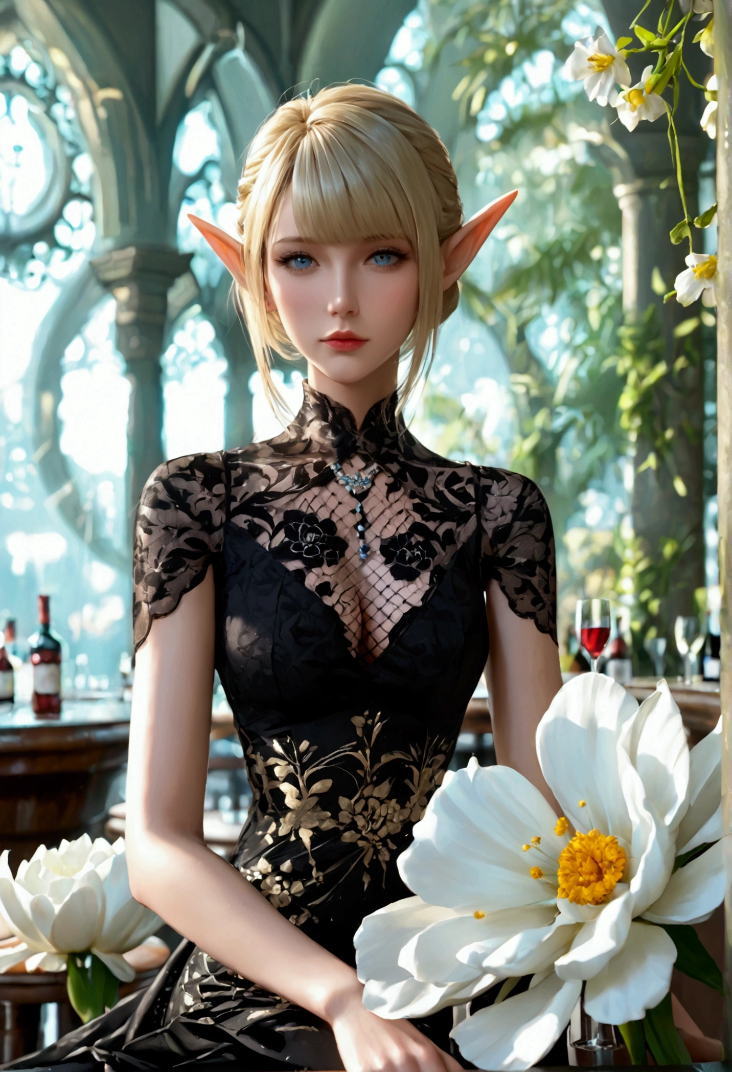 mature elf wearing resort dress, sleeveless dress, black dress, Huge white flower printed dress, fishnet stocking, braless, no bra, covered huge boobs, short hair, blonde hair, bar, sitting