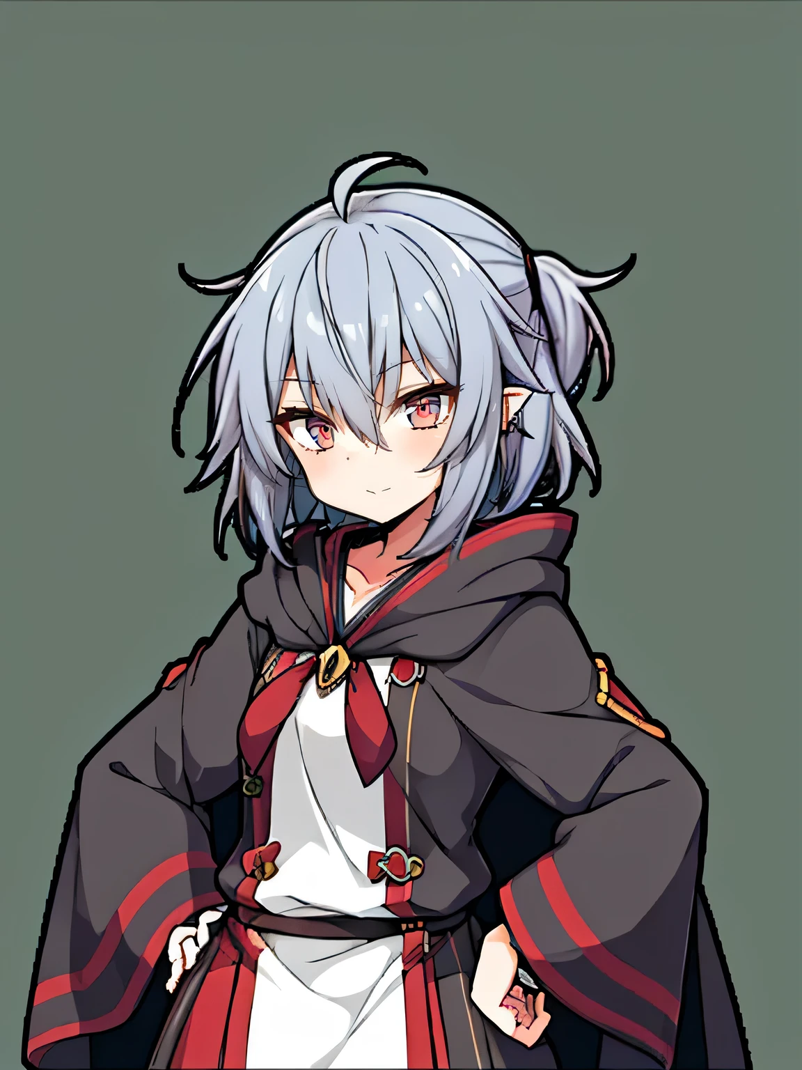 girl, Gray Hair, Looking at the camera, A fearless smile, Cafe staff uniform, Smile,red Eyes, Short Hair, Fantasy costume,(Big hood), Solo, 1girl, Loli, Deformed height, Portrait, Cowboy shot, Echoesportraits, Score_9, Score_8_up, Score_7_up, Source_anime, BREAK,white background,fatesportraits,Hands on hips,highlight on eyes, pointed ears, waving, 3 heads and bodies