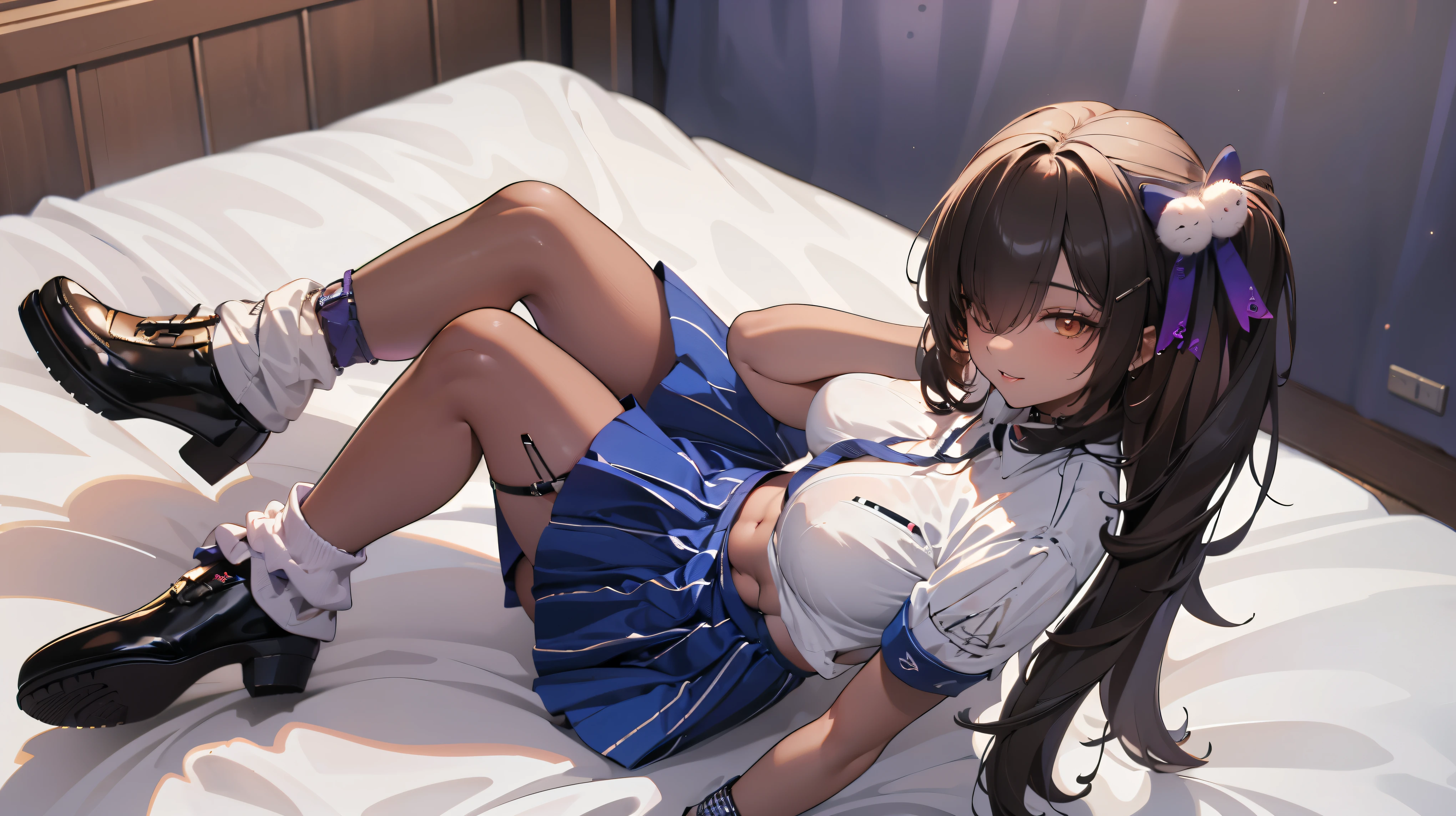 ( top quality， top quality)( One Girl :1.1)Naga(Nod),Addressed to the listener， sexy，smile， erotic ， bed in black，bedroom， excited， begging，only， costume ，uniform， spread her legs， white loose socks，