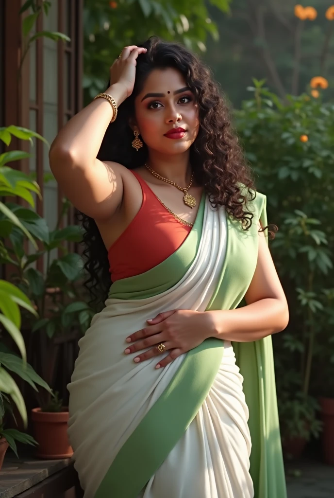 Indian sexy WOMEN WEARING saree , ancient sex goddess , perfect figure , big boobies , showing her round belly button , sexy deep navel , curvy waist , thick legs , slutty makeup , dark eyeliner , HOT red lips , long hairs , earrings , shinny ornaments , necklace , 8k resolution , photorealistic , ultra realistic , HD Quality , photography , long shot , full body photograph , cinematic lighting , daylight , Hasselblad photography , ARRI Photography , details , extreme details , little details , ultra sharp photo , perfect picture , fine details , HQ ,