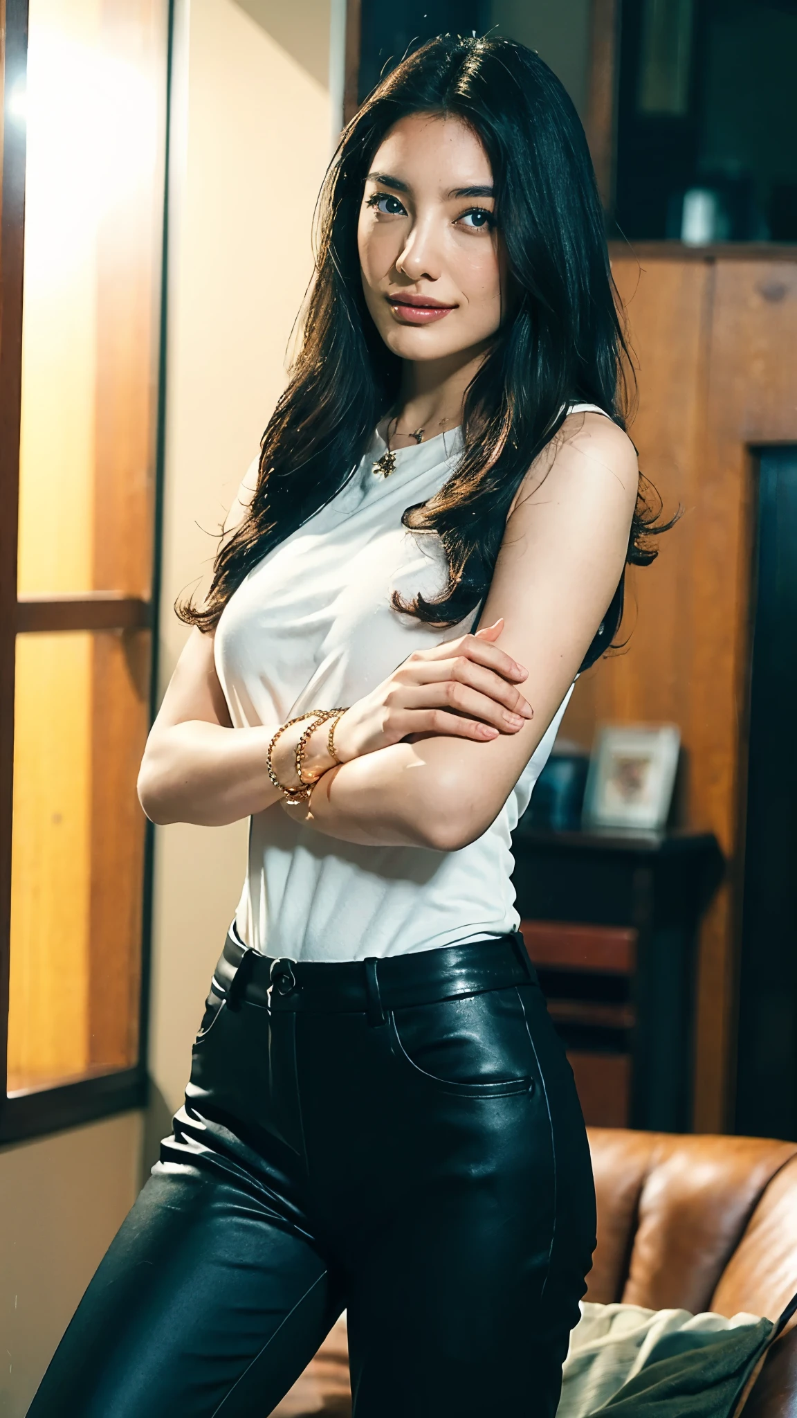 (masterpiece:1.2, best quality:1.2, extremely delicate:1.2), Sydney Sweeney, a beautiful woman with long shiny black hair, choppy bangs, delicate face, passionate gaze, perfect smille, blush, seductive expression, tall and fit figure, perfect body, perfect skin, seductive pose, fantasy-style high-necked leather breastplate top, sleeveless, exposes her waist, a bracelet adorns her wrist, tight-fitting leather pants, the color scheme is primarily Black with Blue accents, dancing on the stage, she lounges casually sitting on a sofa, this character embodies a finely crafted fantasy-style bounty hunter, exquisite and mature art style, goddess, feminine, exquisite photography, depth of field, bokeh, photorealistic, even and soft lighting on face, dramatic, high definition, highres, ultra detailed, professional photo, perfect body proportions, anatomically correct, symmetrical face, extremely detailed eyes and face, perfect eyes, high quality eyes, creativity, RAW photo, UHD, 32k, portrait lighting, Natural light, cinematic lighting, (masterpiece-anatomy-perfect:1.2)