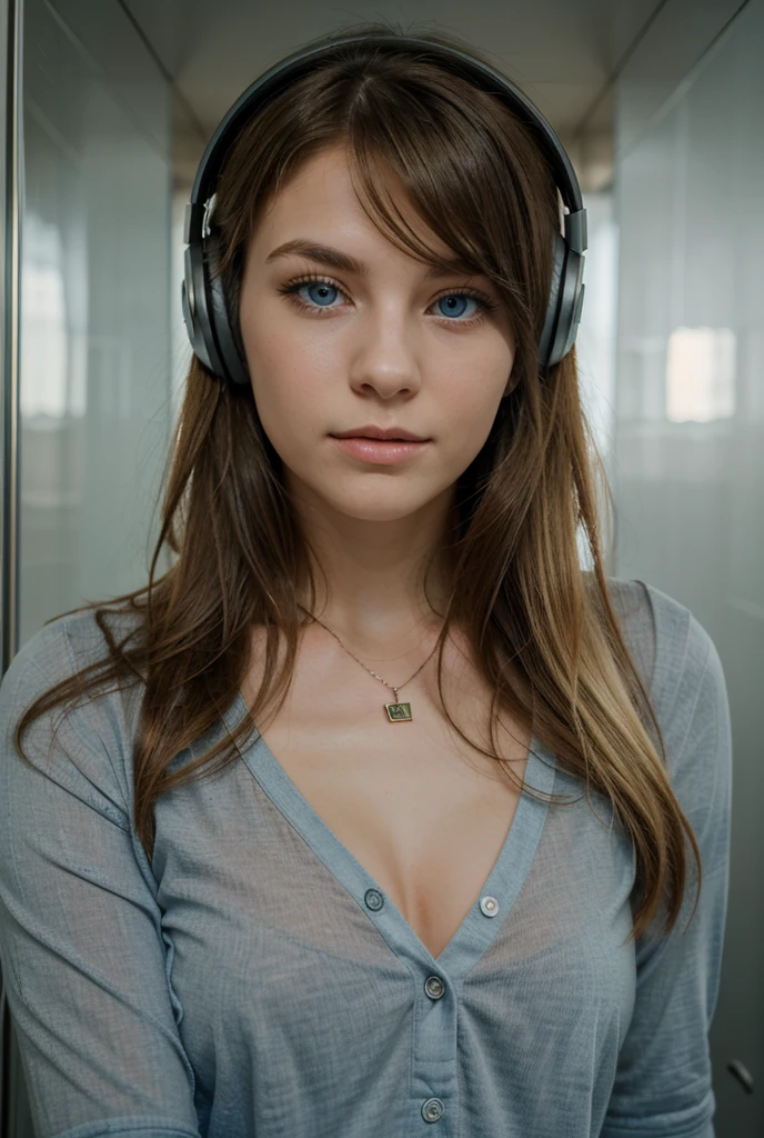 Imagine a beautiful 21 year old female. She has short blonde hair. She has a medium sized chest. She has bright blue eyes. She's wearing an oversized see through gray tank top shirt. She's sitting on a chair and wearing over the ear headset headphones. The point of view is a medium close up shot where a source of light prehaps from a computer screen is lighting the females face. The background is dark as if it were nighttime in a dimly lit bedroom.
