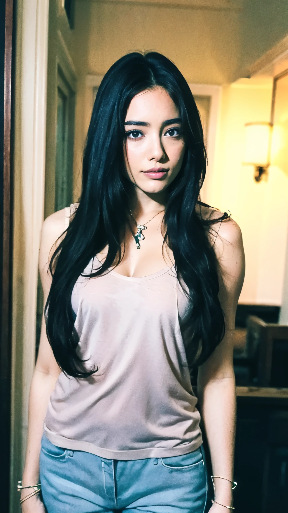 (masterpiece:1.2, best quality:1.2, extremely delicate:1.2), Sydney Sweeney, a beautiful woman with long shiny black hair, choppy bangs, delicate face, passionate gaze, perfect smille, blush, seductive expression, tall and fit figure, perfect body, perfect skin, seductive pose, fantasy-style high-necked leather breastplate top, sleeveless, exposes her waist, a bracelet adorns her wrist, tight-fitting leather pants, the color scheme is primarily Black with Blue accents, dancing on the stage, she lounges casually sitting on a sofa, this character embodies a finely crafted fantasy-style bounty hunter, exquisite and mature art style, goddess, feminine, exquisite photography, depth of field, bokeh, photorealistic, even and soft lighting on face, dramatic, high definition, highres, ultra detailed, professional photo, perfect body proportions, anatomically correct, symmetrical face, extremely detailed eyes and face, perfect eyes, high quality eyes, creativity, RAW photo, UHD, 32k, portrait lighting, Natural light, cinematic lighting, (masterpiece-anatomy-perfect:1.2)