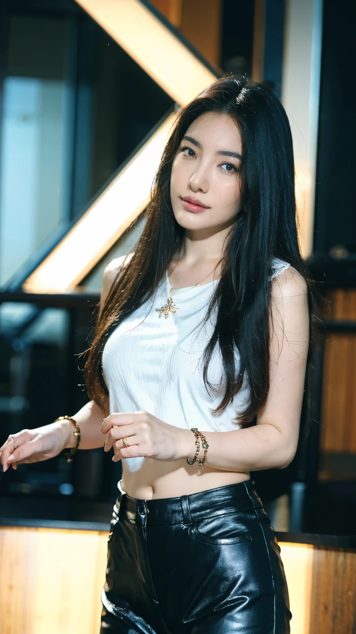 (masterpiece:1.2, best quality:1.2, extremely delicate:1.2), Sydney Sweeney, a beautiful woman with long shiny black hair, choppy bangs, delicate face, passionate gaze, perfect smille, blush, seductive expression, tall and fit figure, perfect body, perfect skin, seductive pose, fantasy-style high-necked leather breastplate top, sleeveless, exposes her waist, a bracelet adorns her wrist, tight-fitting leather pants, the color scheme is primarily Black with Blue accents, dancing on the stage, she lounges casually sitting on a sofa, this character embodies a finely crafted fantasy-style bounty hunter, exquisite and mature art style, goddess, feminine, exquisite photography, depth of field, bokeh, photorealistic, even and soft lighting on face, dramatic, high definition, highres, ultra detailed, professional photo, perfect body proportions, anatomically correct, symmetrical face, extremely detailed eyes and face, perfect eyes, high quality eyes, creativity, RAW photo, UHD, 32k, portrait lighting, Natural light, cinematic lighting, (masterpiece-anatomy-perfect:1.2)