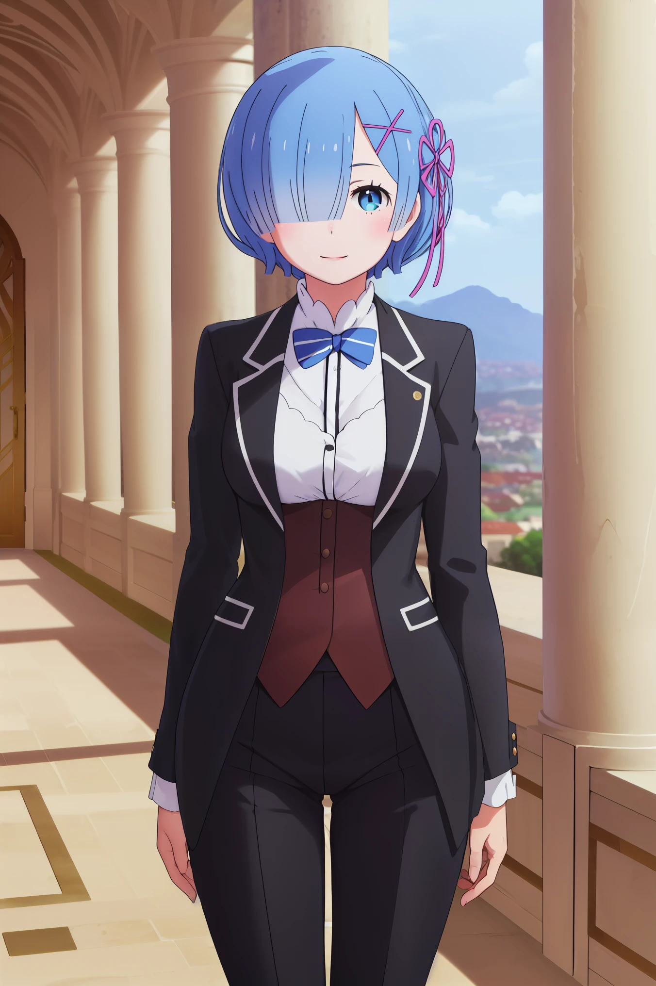 best quality, masterpiece, phRem, 1girl, solo, woman in formal attractive suit tuxedo standing in a large alcove in the room, 1girl, solo, necktie, blue short hair, blue eyes, short hair, smile, jacket, looking at viewer, shirt, pants, blue necktie, collared shirt, butler tailored tailcoat