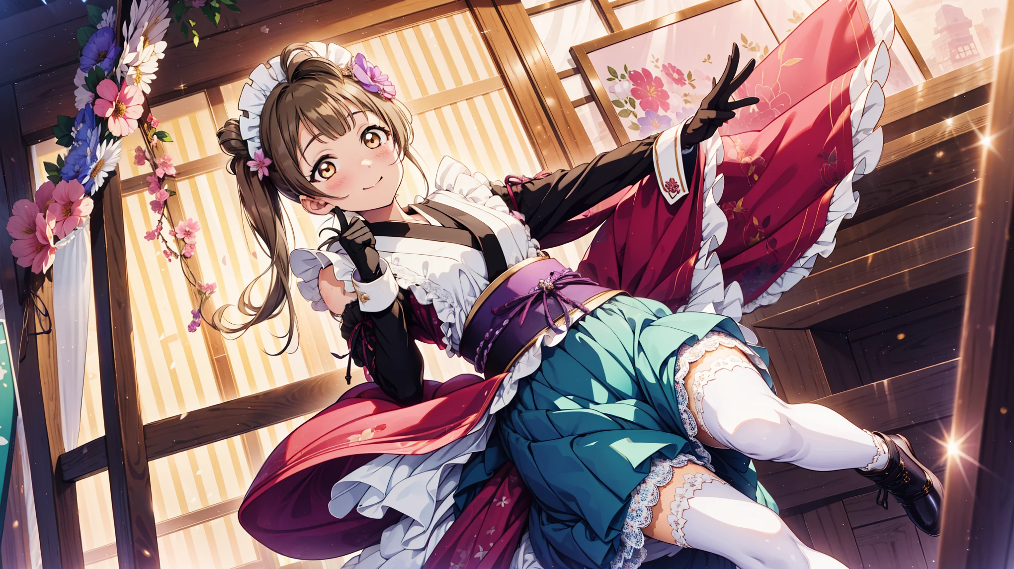 masterpiece, Minami Kotori, mini skirt, Charm,Wrinkles,flower魅头饰, black pantyhose , Lace,flower边, special hairstyle,Leather,Medium-length hair, soft colors, golden eyes,Single,Oblique angle,happy,Long gloves,make a fist,Middle Curve, charming transparent fabric, Clear Clothes , Shabby Clothes,Japanese maid costume,stocking,flower,candy,Marvelous Scenes