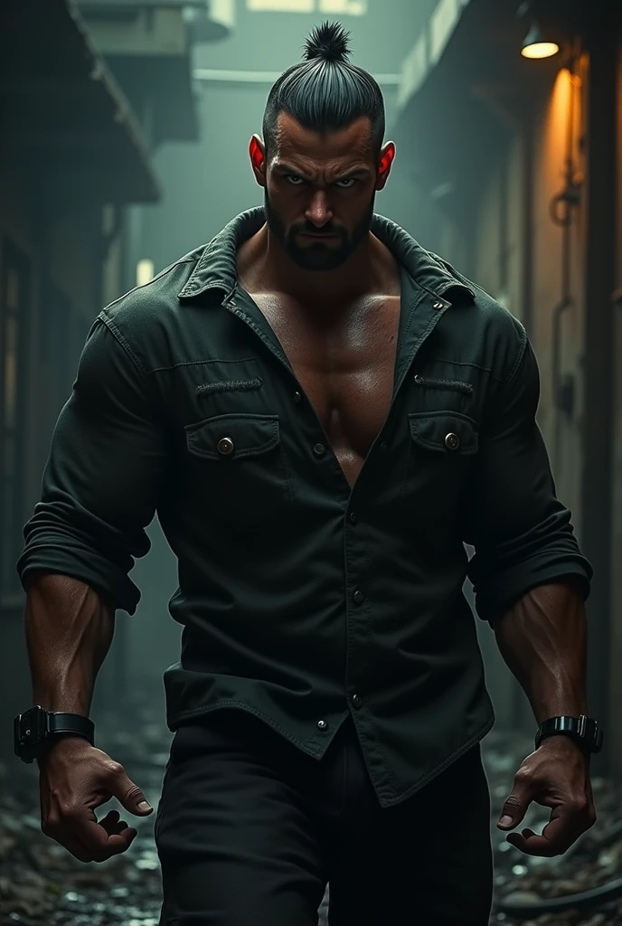 A tall, stocky, slightly hairy, 2 Japanese male, college student, thick arms and legs, shaved head, broken jaw, shaven face, detailed eyes, fine eyebrows, standing , full body , toe, (best quality,4k,8k,highres,masterpiece:1.2),ultra-detailed,(realistic,photorealistic,photo-realistic:1.37),portrait,concept art,dramatic lighting,cinematic,vibrant colors,chiaroscuro