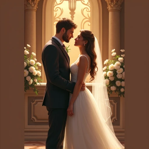 (best quality,4k,8k,highres,masterpiece:1.2),ultra-detailed,(realistic,photorealistic,photo-realistic:1.37),lovers embracing,anime style,candlelit,romantic,golden lighting,soft shadows,luxurious interior,hallway,marble floors,ornate chandelier,elegant decorations,indoor fountain,red carpet,beautifully dressed couple,intertwined fingers,gazing into each other's eyes,tender kiss,blushing cheeks,long flowing hair,sparkling jewelry,gentle touch,love and passion in the air,soulful expressions,serene ambiance,magical atmosphere,subtle background music,immersed in each other's presence,filled with warmth and intimacy,hearts beating as one,private and secluded,unforgettable moment,lifelong love and commitment,unbreakable bond,forever entwined.
