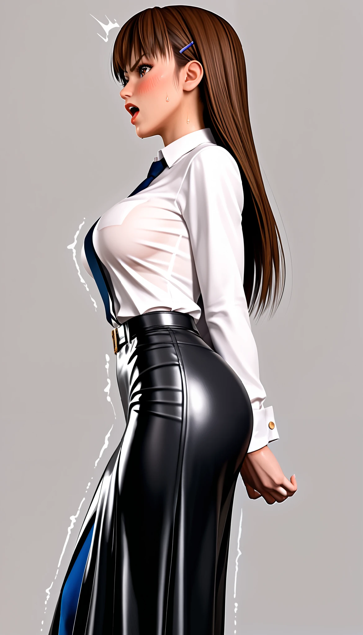 DOALeiFang, LeiFangDOA, gasp, {{{1 girl and 1 male}}}, {{{{{ Man standing between girl’s legs }}}}}, {{{{ Man holding girl's thighs }}}}, shiny black leather tight long skirt with side slit, shiny white business shirt, arm-behind-back, {{ and bend your body backwards }}, OL, be breathless, sweat, sparkling sweat, trembling, long brown straight hair, brown eyes, breasts, [[angry]], blush, {anguish}, {{shameful}}, from side, from below,